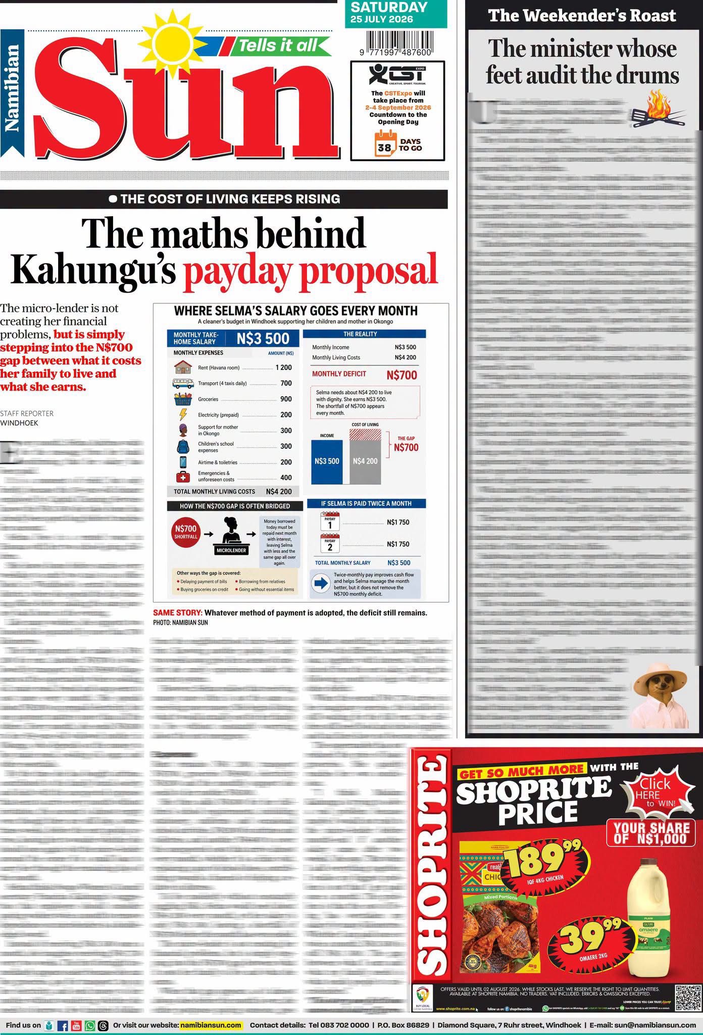 Namibian Sun front page on the Kahungu payday proposal